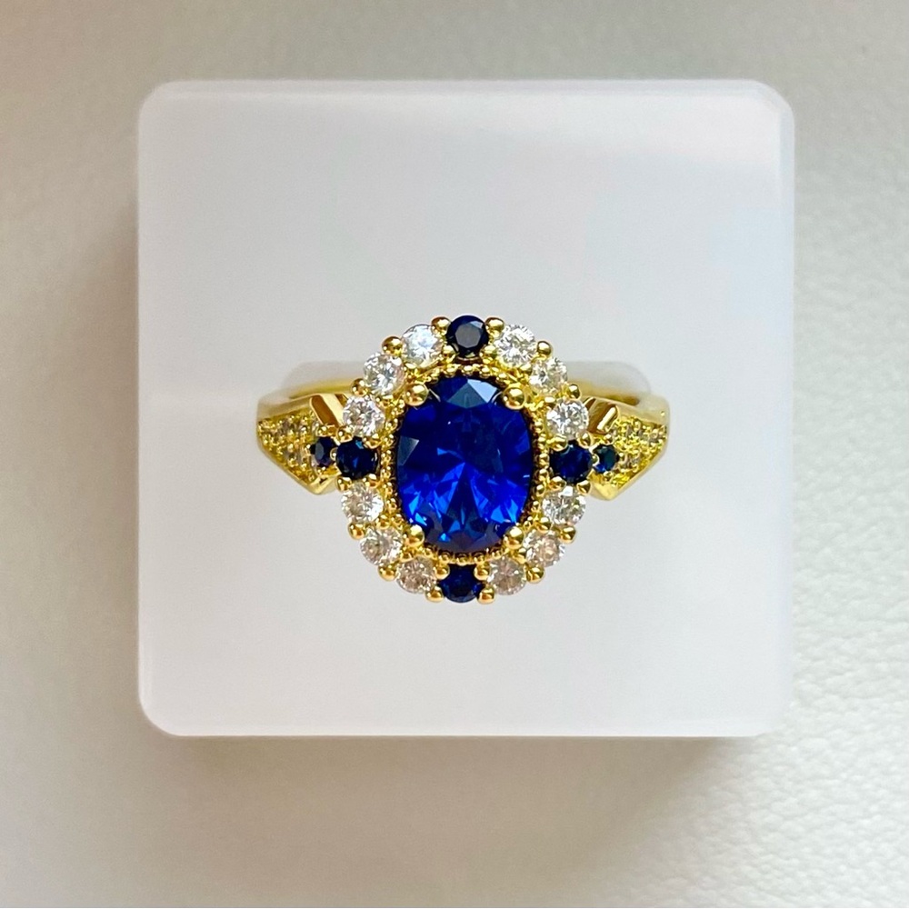 Gold-Tone Blue Sapphire Halo Ring